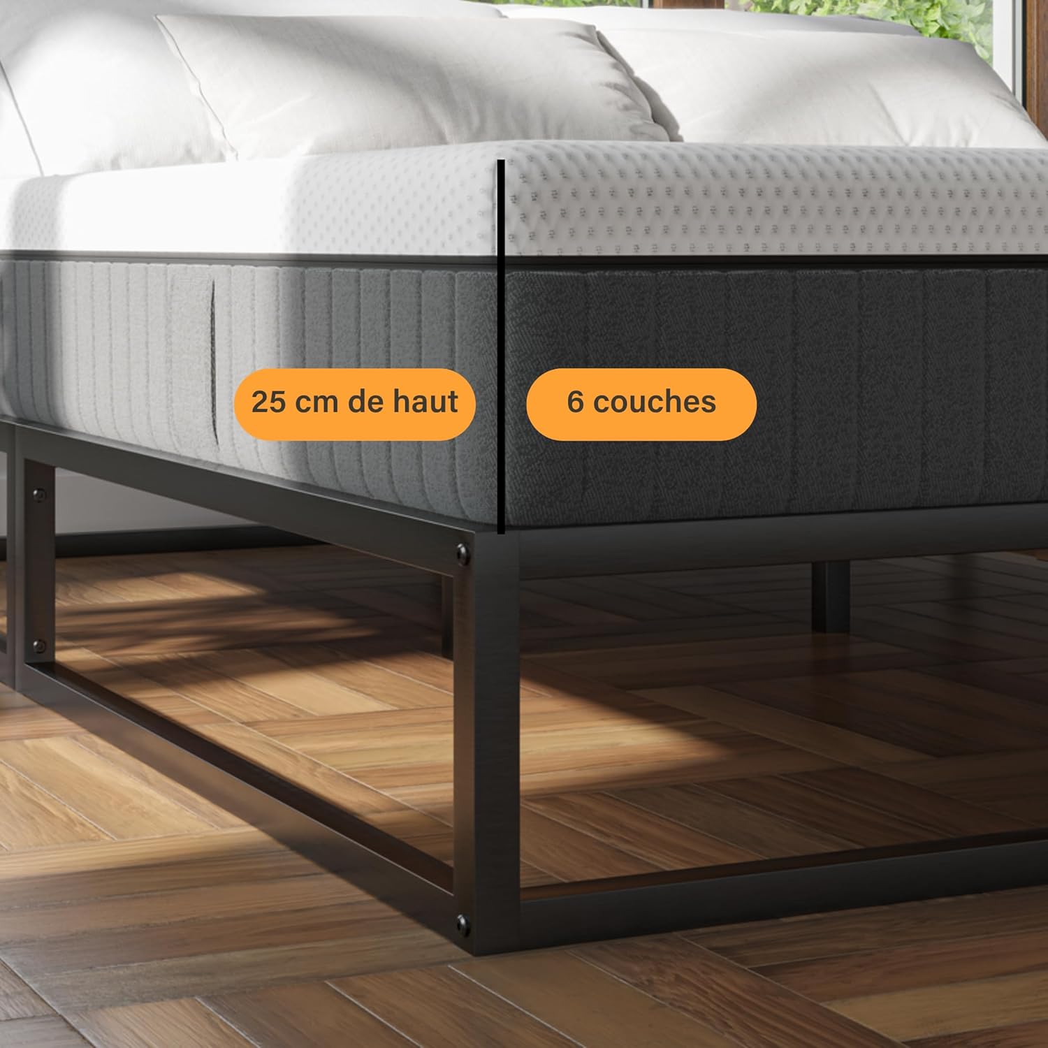 Matelas Emma Original 25 cm hauteur 6 couches sur cadre de lit métal